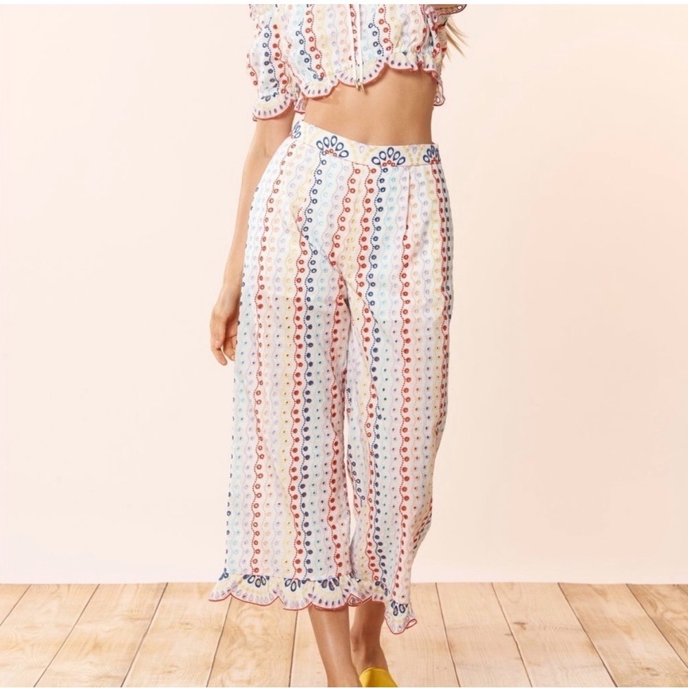 RED CARTER Layla colorful embroidered ruffle hem pants size small boho eyelet